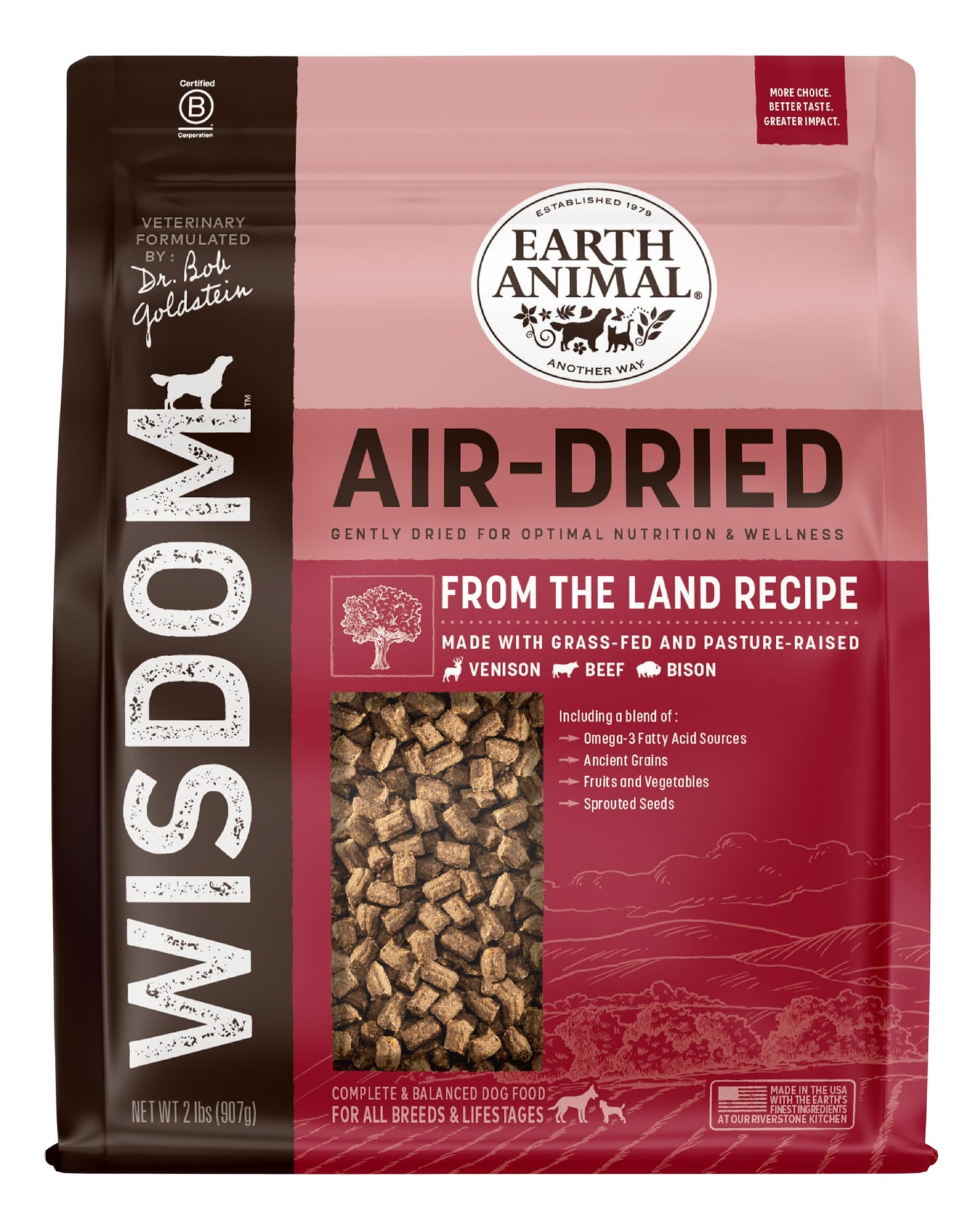 Earth Animal Wisdom Air Dried Dog Food | From The Land Recipe Premium Natural Dog Food | Venison, Beef, Bison | All Breeds & Ages | Made in The USA | 2 Pound Bag