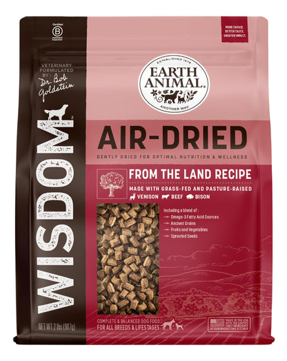 Earth Animal Wisdom Air Dried Dog Food | From The Land Recipe Premium Natural Dog Food | Venison, Beef, Bison | All Breeds & Ages | Made in The USA | 2 Pound Bag
