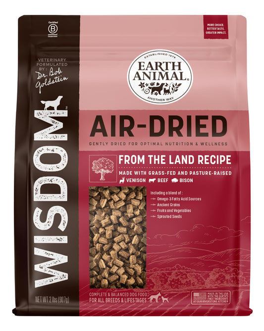 Earth Animal Wisdom Air Dried Dog Food | From The Land Recipe Premium Natural Dog Food | Venison, Beef, Bison | All Breeds & Ages | Made in The USA | 2 Pound Bag