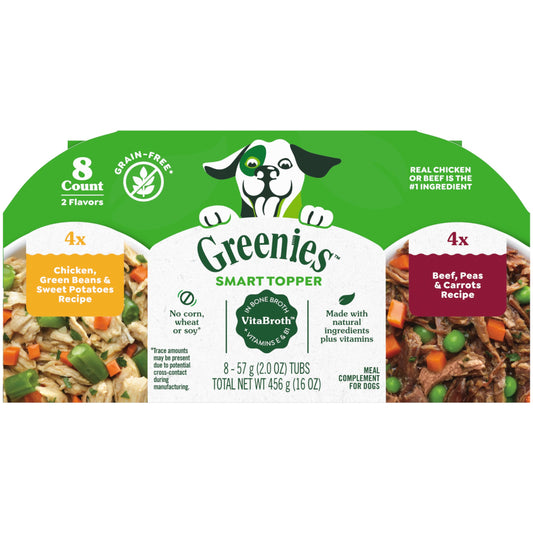 Greenies Smart Topper High Protein Wet Mix-in for Dogs, Chicken, Green Beans, and Sweet Potatoes Recipe & Beef, Peas, and Carrots Recipe Variety Pack, 8 Trays of 2oz.