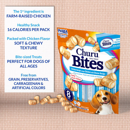INABA Churu Bites for Dogs, Soft & Chewy Dog Treats, 0.42 Ounces Each Tube, 64 Tubes Total (8 Tubes per Pack), Chicken with Tuna Recipe