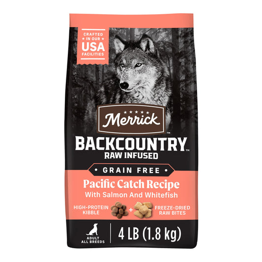 Merrick Backcountry Grain Free Dry Adult Dog Food, Kibble With Freeze Dried Raw Pieces, Pacific Catch With Salmon - 4.0 lb. Bag