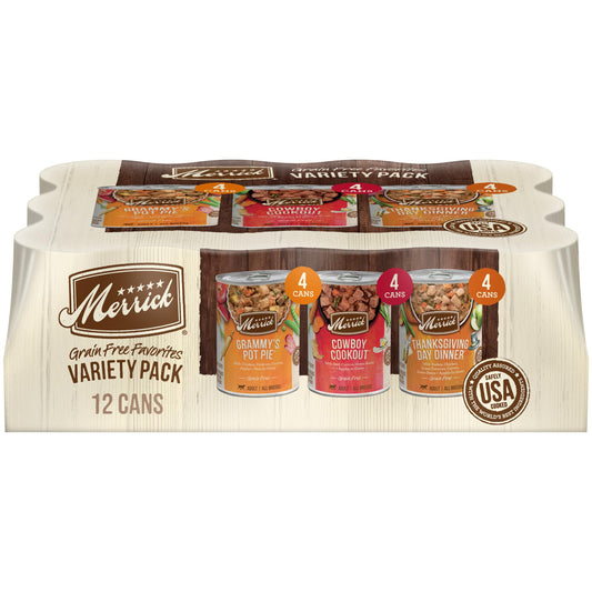Merrick Grain Free Wet Dog Food Variety Pack, Grain Free Favorites Canned Dog Food - (12) 12.7 oz. Cans