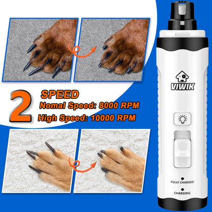 VIWIK Dog Nail Grinder with Dog Nail Trimmers, Dog Nail Clippers Kit for Large Medium Small Dogs & Cats, Quiet Electric 2-Speed USB Rechargeable Pet Nail Grinder with Light, Gifts for Dog Lovers