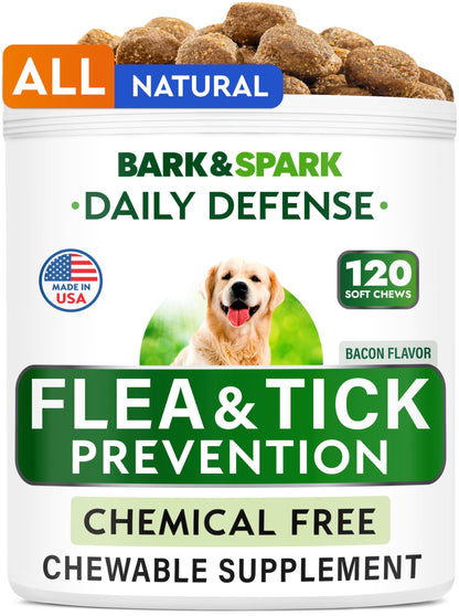 BARK&SPARK Natural Flea and Tick Prevention Chews for Dogs - Chewable Tablets for Dogs - All Breeds and Ages - Made in USA Flea and Tick Remover Supplement - Bacon - 120 Treats