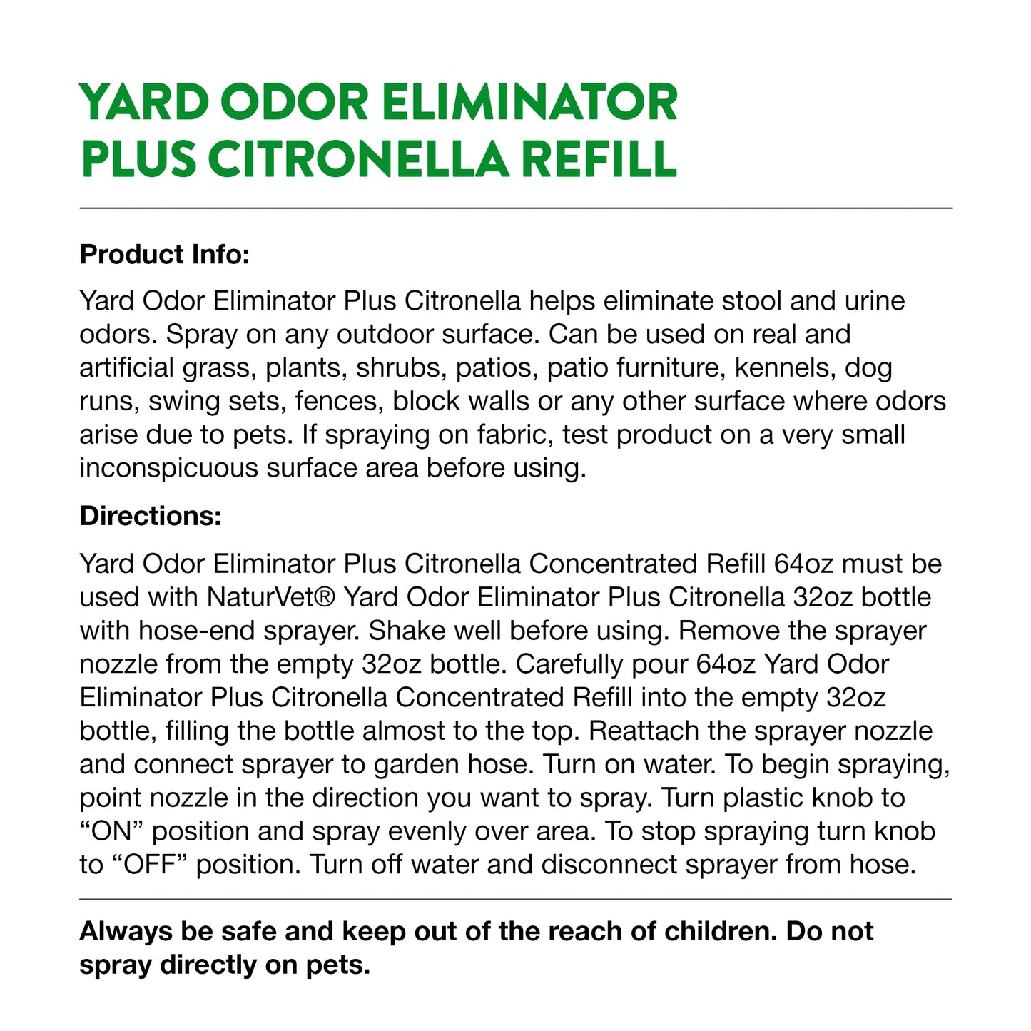 NaturVet – Yard Odor Eliminator Plus Citronella Spray – Eliminate Stool and Urine Odors from Lawn and Yard – Designed for Use on Grass, Patios, Gravel, Concrete & More – 64oz Refill (No Hose Nozzle)