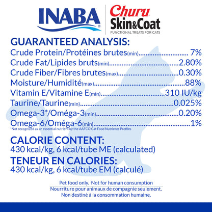 INABA Churu Lickable Purée Natural Cat Treats for Skin and Coat with Omega Oils, Taurine and Vitamin E, 0.5 Ounces Each, 24 Tubes (Four Per Package), Tuna Recipe