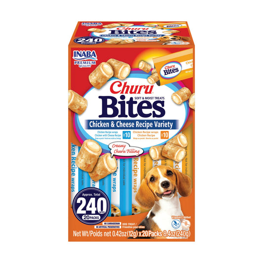 INABA Churu Bites for Dogs, Soft & Chewy Dog Treats with Vitamin E, 0.42 Ounces Each Tube, 20 Tubes, Chicken & Cheese Variety Box