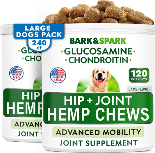 BARK&SPARK Hemp Treats + Glucosamine - Natural Joint Pain Relief - Hip & Joint Supplement w/MSM + Chondroitin + Hemp Oil + Omega 3 - Joint Pain Relief - Made in USA - Lamb Flavor - 240 Chews