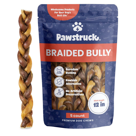 Pawstruck Natural 12" Braided Bully Sticks for Dogs – Tough, Long-Lasting, Rawhide-Free, Low-Odor, Single Ingredient Chew Treat for Aggressive Chewers – 5 Count – Packaging May Vary