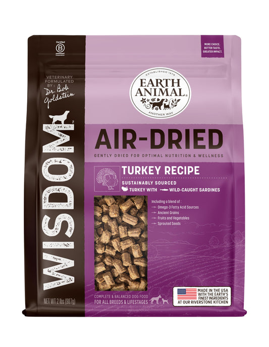 Earth Animal Wisdom Air Dried Dog Food | Turkey Recipe Premium Natural Dog Food | All Breeds & Ages | Made in The USA | 2 Pound Bag
