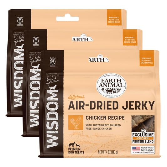 Earth Animal Wisdom Air-Dried Jerky Chicken Recipe | Dog Treats | Dog Snacks | Premium Natural Chicken Jerky Strips | 4 oz | Made in The USA (Pack of 3)