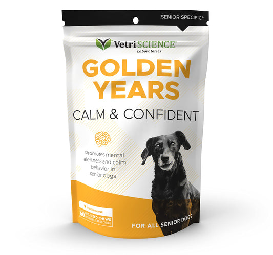 VetriScience Senior Calm & Confident Soft Chews with Colostrum and L-Theanine, Golden Years Calming, Cognition and Brain Health, Sundowners Supplement for Senior Dogs, Chicken, 60 Count