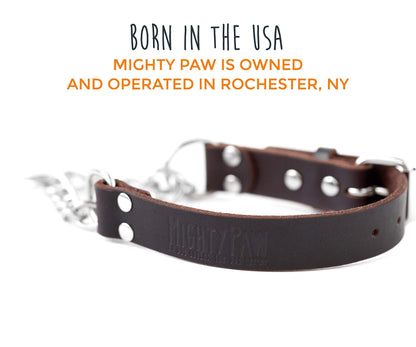 Mighty Paw Martingale Dog Collar - No Pull Design - Stainless Steel Chain - Limited Chain Cinch Training - Brown Leather Martingale Training Collar - Small Size