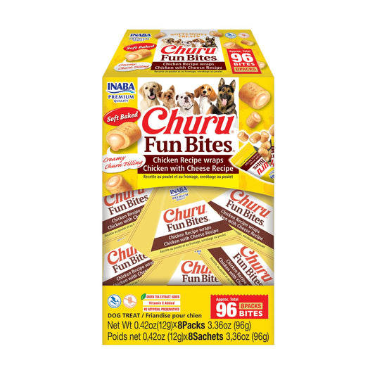 INABA Churu Fun Bites for Dogs, Soft & Chewy Baked Chicken Wrapped Filled Dog Treats with Vitamin E, 0.42 Ounces per Tetra, 8 Tetras per Box, Chicken with Cheese Recipe