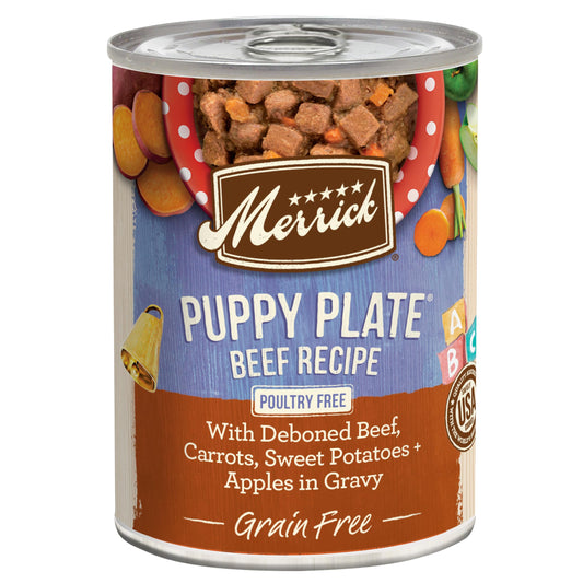 Merrick Grain Free Wet Puppy Food, Premium Soft And Gluten Free Canned Dog Food, Puppy Plate Beef Recipe - (Pack of 12) 12.7 oz. Cans