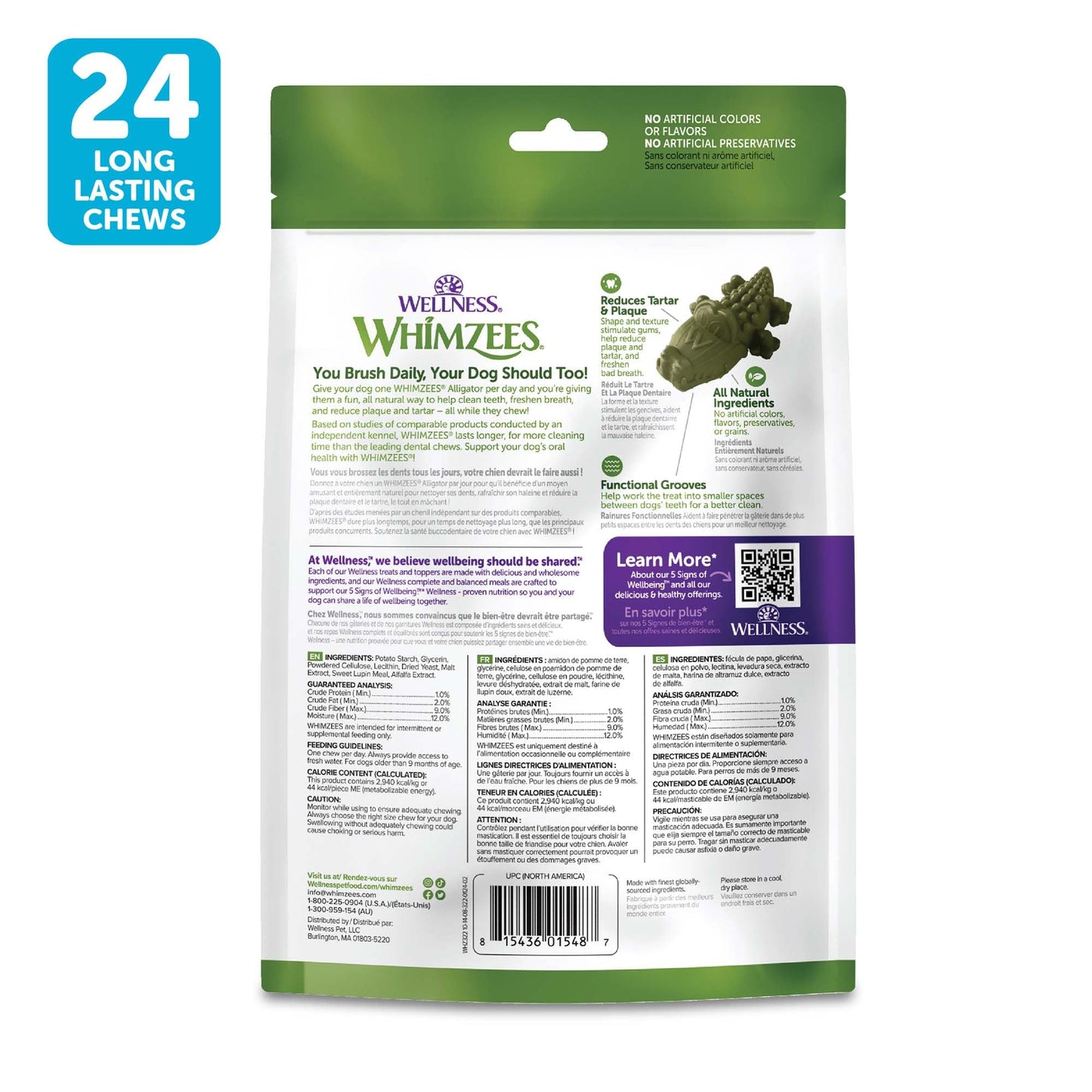 Wellness WHIMZEES Alligator Dog Dental Treats, Natural Chews, Small Size, (24 Count)