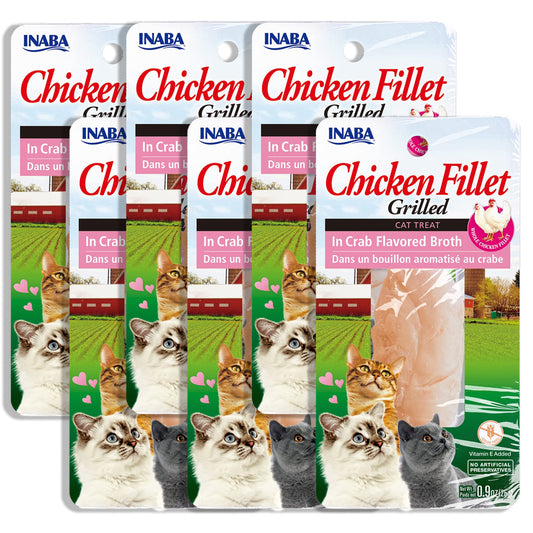 INABA Premium Hand-Cut Grilled Chicken Fillet Cat Treats/Topper with Vitamin E and Green Tea Extract, 0.9 Ounces Each, Pack of 6, Crab Broth