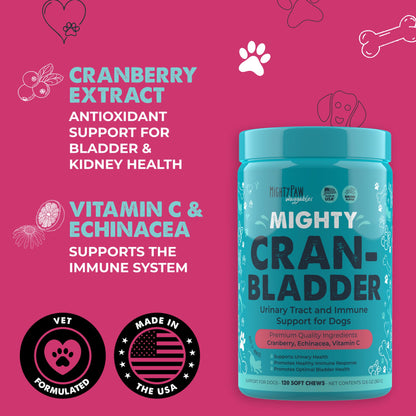 Mighty Paw Waggables Cran-Bladder (Made in The USA) | Vet Formulated Cranberry Supplement for Dogs – Cranberry Chews for Dogs, Urinary Tract & Bladder Support, Bacon Flavored, 120 Soft Chews