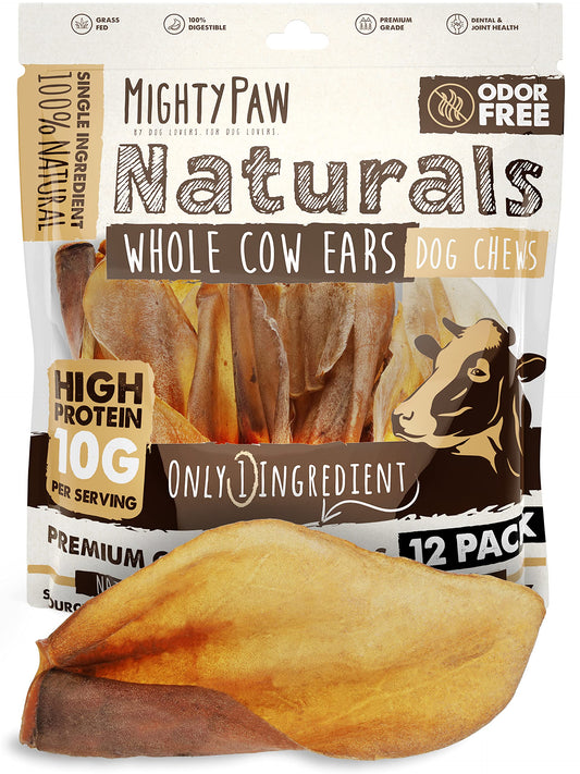 Mighty Paw 100% Natural Unbleached Cow Ears for Dogs - Single Ingredient - Cows Ears for Dogs Chew Treats Suitable for Small, Medium & Large Breeds - Pet Chews (12 Pack)