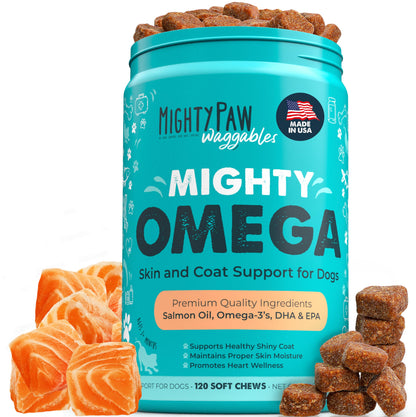Mighty Paw Waggables Mighty Omega (Made in The USA, 120 Count) | Omega 3 Fish Oil Chew for Dogs. Salmon Flavor Skin and Coat Supplement. Soft Chew Fish Oil for Dogs - DHA & EPA, Bacon Flavor
