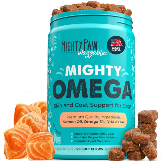 Mighty Paw Waggables Mighty Omega (Made in The USA, 120 Count) | Omega 3 Fish Oil Chew for Dogs. Salmon Flavor Skin and Coat Supplement. Soft Chew Fish Oil for Dogs - DHA & EPA, Bacon Flavor