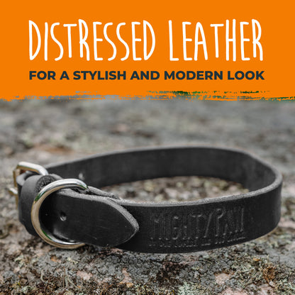 Mighty Paw Leather Dog Collar - Genuine Distressed Leather - Strong Metal Buckle - Ultimate Comfort - Modern Style for All Dogs Breeds - Comfort Puppy Collar - (Small - Black)