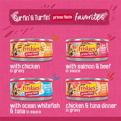 Purina Friskies Gravy Wet Cat Food Variety Pack, Surfin’ and Turfin’ Prime Filets Favorites - (Pack of 40) 5.5 oz. Cans
