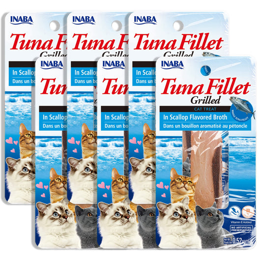 INABA Premium Hand-Cut Grilled Tuna Fillet Cat Treats/Topper with Vitamin E and Green Tea Extract, 0.52 Ounces Each, Pack of 6, Scallop Broth