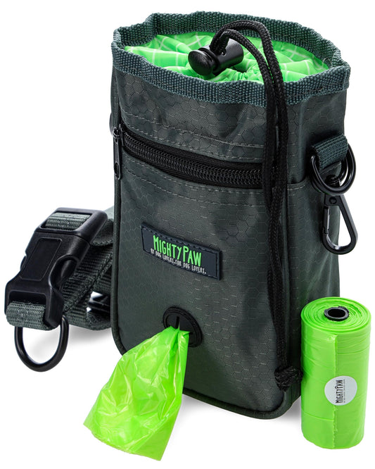 Mighty Paw Dog Treat Bag - Drawstring Closure Pouch - Includes Carabiner Hook and Pick-up Bags - Dog Paw Treat Bag - Pet Training Pouch - (Grey/Green)